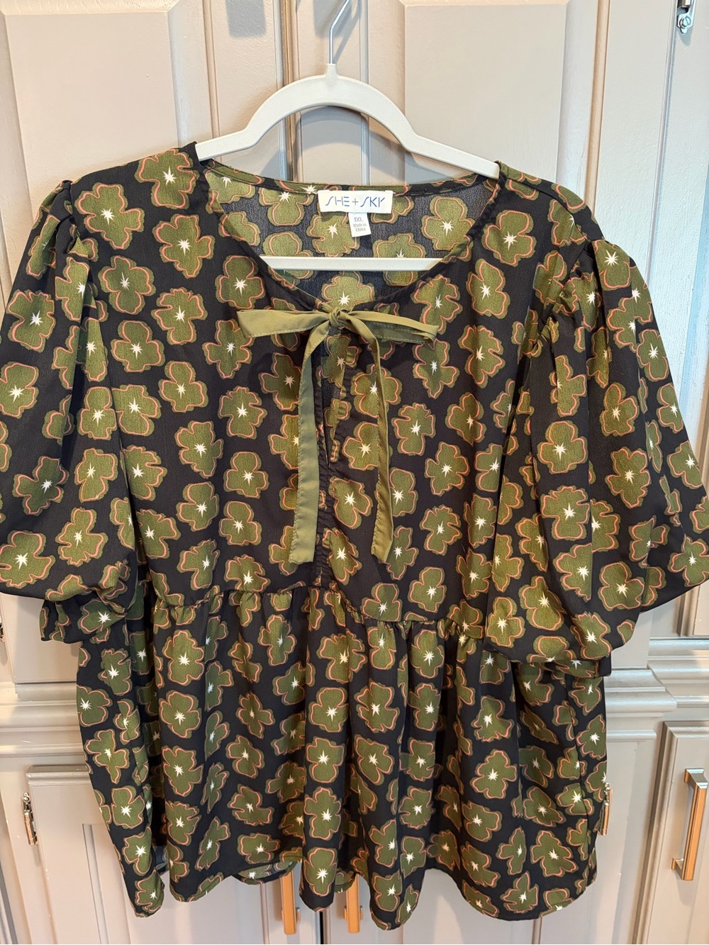 She + Sky Black Olive Floral Tie-Neck Puff Sleeve Blouse